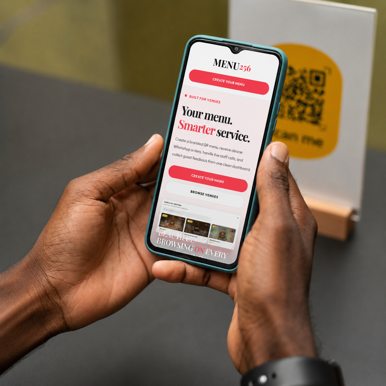 Guest browsing a Menu 256 digital menu on a phone