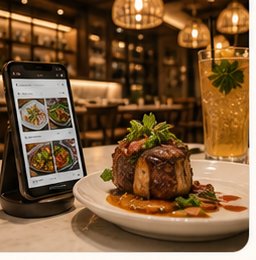 Restaurant table with digital menu and plated meal